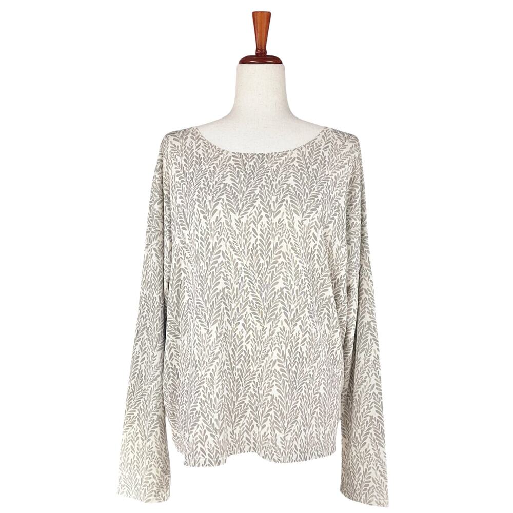 GARNET HILL Silk & Cotton Oversized Sweater Cream & Gray Leaf Print Size M